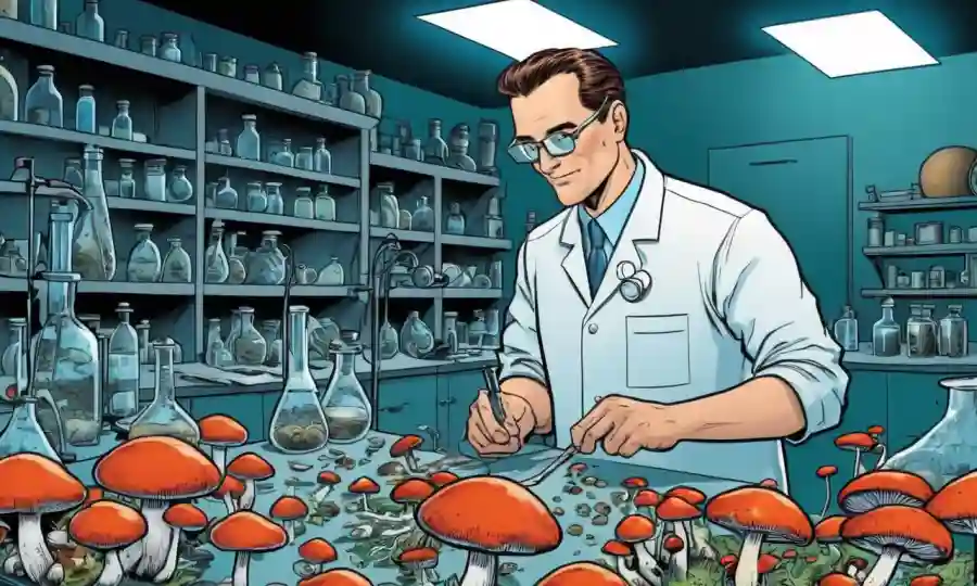 Un científico que examina varios hongos en un laboratorio en un contexto de equipo científico.