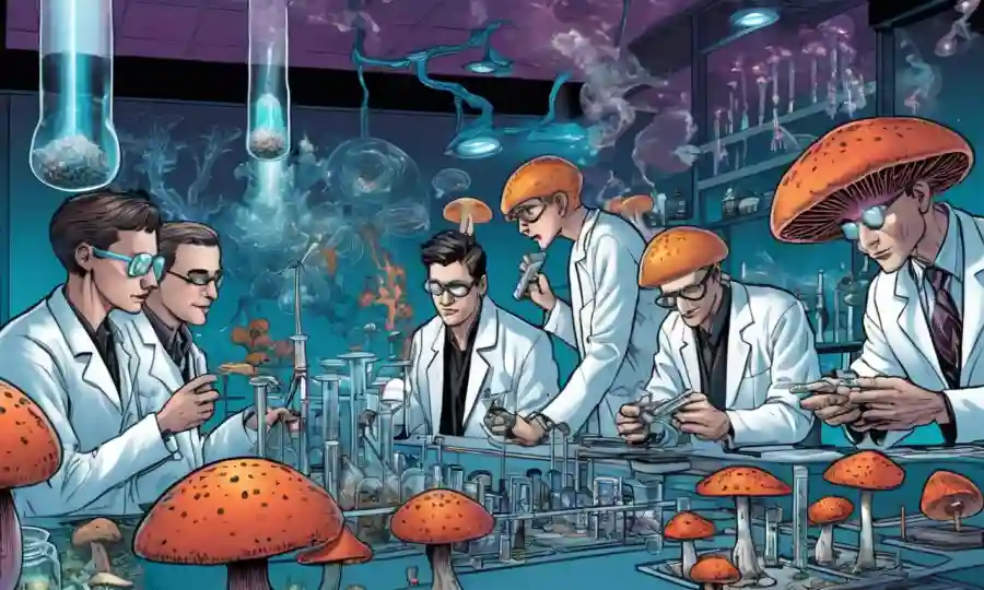 Un grupo de científicos que estudian hongos y tubos de prueba en un laboratorio, representando perspectivas futuristas sobre setas psicoactivas.