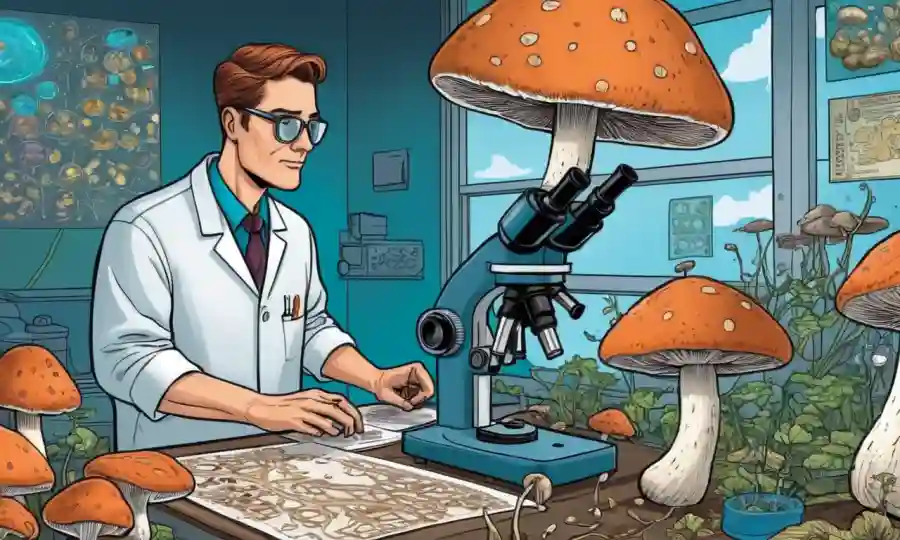 Un científico que examina los hongos bajo microscopio, con diagramas y visualizaciones de datos alrededor.