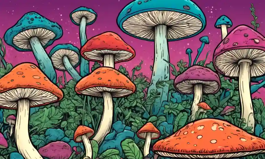 Fungi misterioso brotando desde un fondo de estilo retro con iconos de cultura pop.