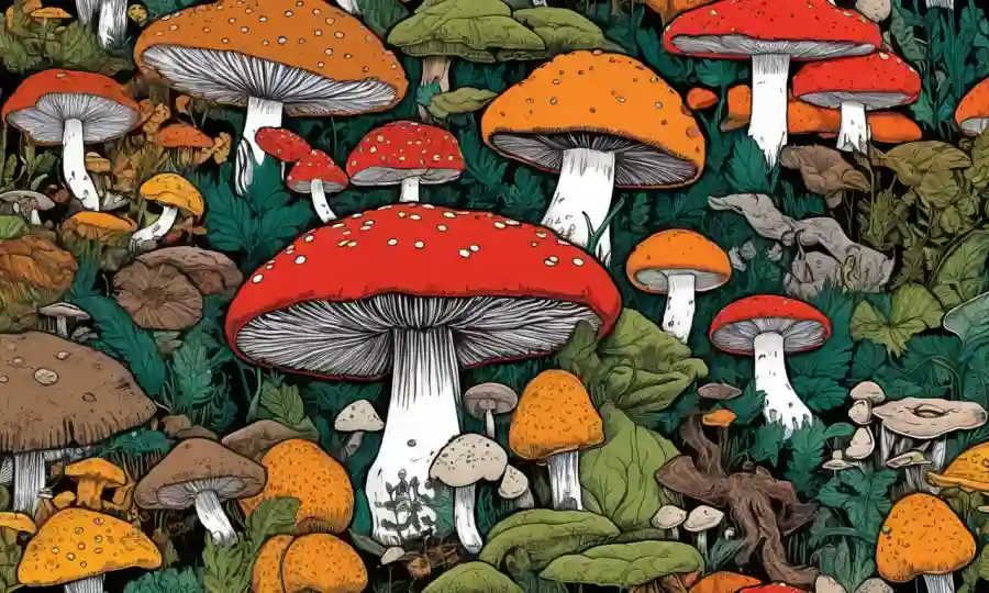 Un collage inspirado en hongos mezclando hongos con imágenes de cultura pop icónica.
