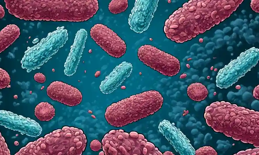 Una imagen microscópica de células bacterianas con texto de resistencia y residuos antibióticos que contaminan el medio ambiente.
