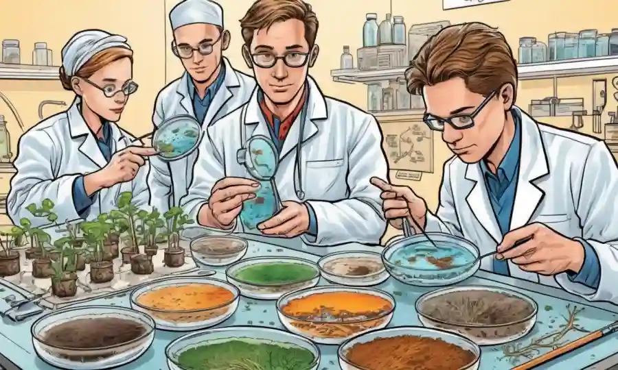 Científicos que examinan Platos petri y diagramas sobre microbios en suelo, intestino y raíces vegetales.