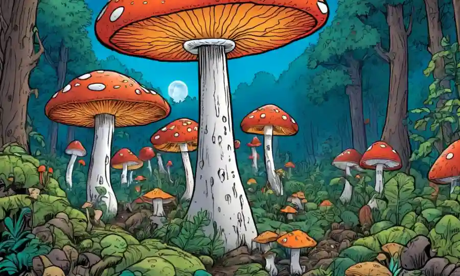 Un bosque de hongos con diversas especies en medio de un telón de fondo de advertencias de calentamiento global.