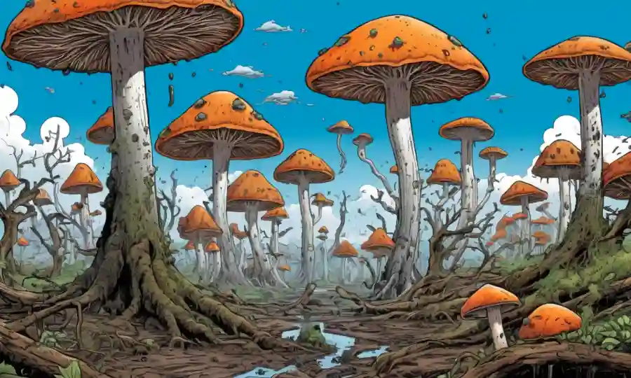 Fungi creciendo en medio de árboles destruidos y paisajes alterados