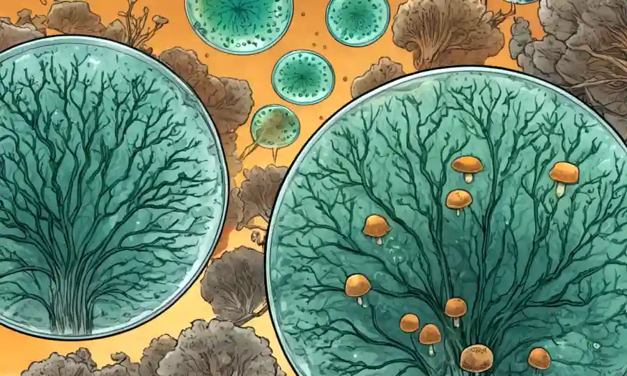 Cierre del crecimiento de hongos con efectos negativos de pesticidas en platos petri.