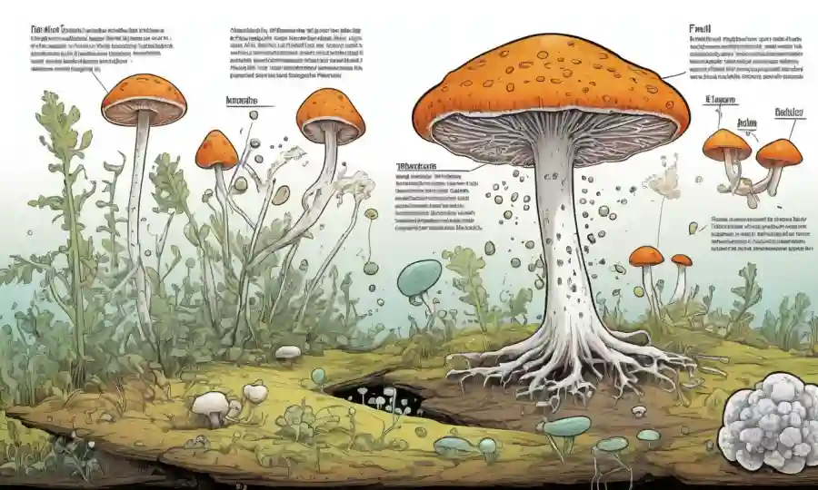 Ilustración científica de hongos junto a diagramas que muestran reacciones químicas.