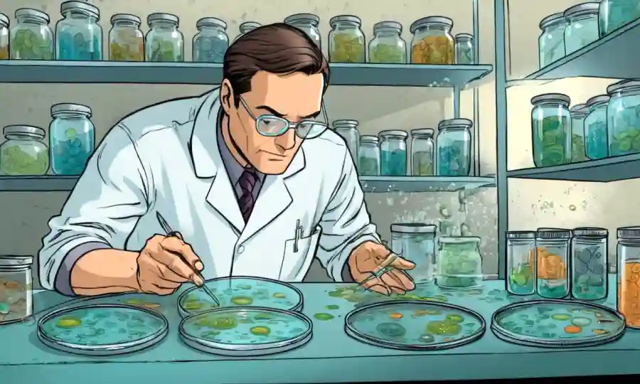 Científico de laboratorio que examina los platos de petri con crecimiento fúngico afectado por pesticidas.
