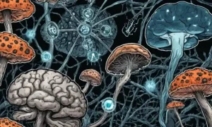 Cierre de hongos creciendo en neuronas cerebrales con iconos de alarma superpuestos.