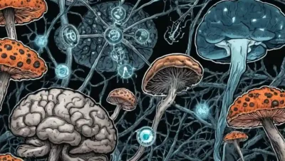 Cierre de hongos creciendo en neuronas cerebrales con iconos de alarma superpuestos.
