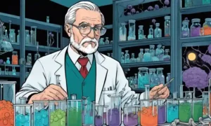 Investigador en un laboratorio rodeado de tubos de ensayo de hongos y gráficos.