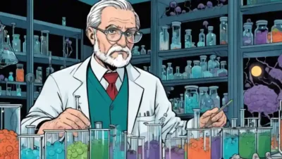 Investigador en un laboratorio rodeado de tubos de ensayo de hongos y gráficos.