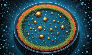 Microorganismos interactuando con partículas metálicas en un plato Petri.