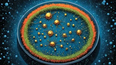 Microorganismos interactuando con partículas metálicas en un plato Petri.