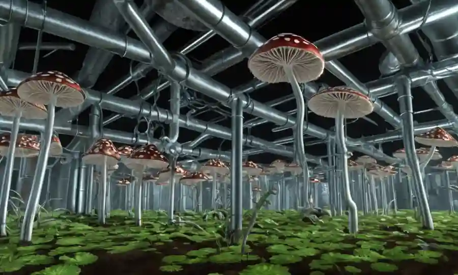 Setas en un ambiente controlado, con tuberías metálicas y cultivo de plantas.