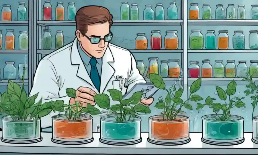 Científicos que estudian platos petri o plantas bajo diferentes condiciones de temperatura.