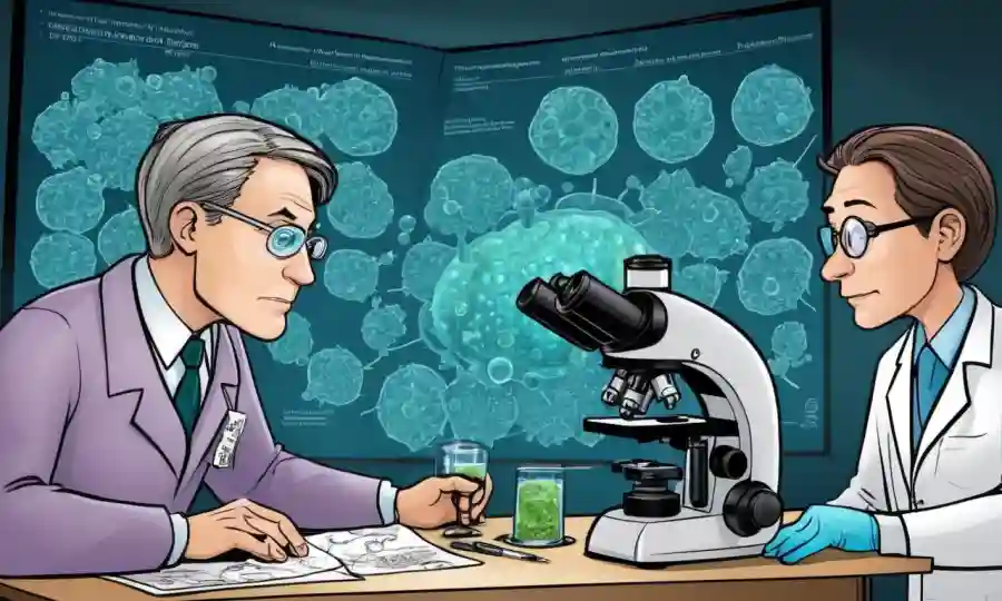 Científicos que observan microorganismos bajo un microscopio con gráficos de parámetro ambiental en el fondo.