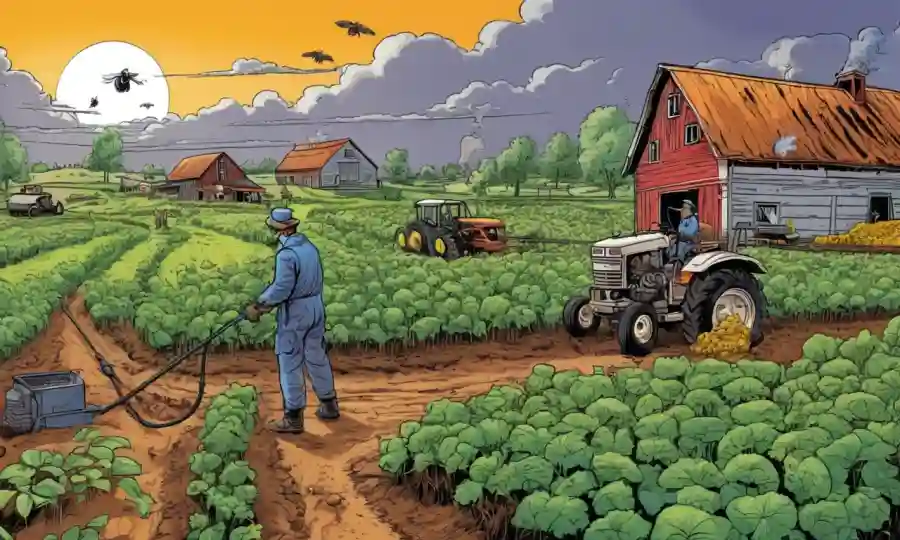 Un paisaje agrícola con plagas controladas por productos químicos, perjudicando los hongos y ecosistemas beneficiosos.