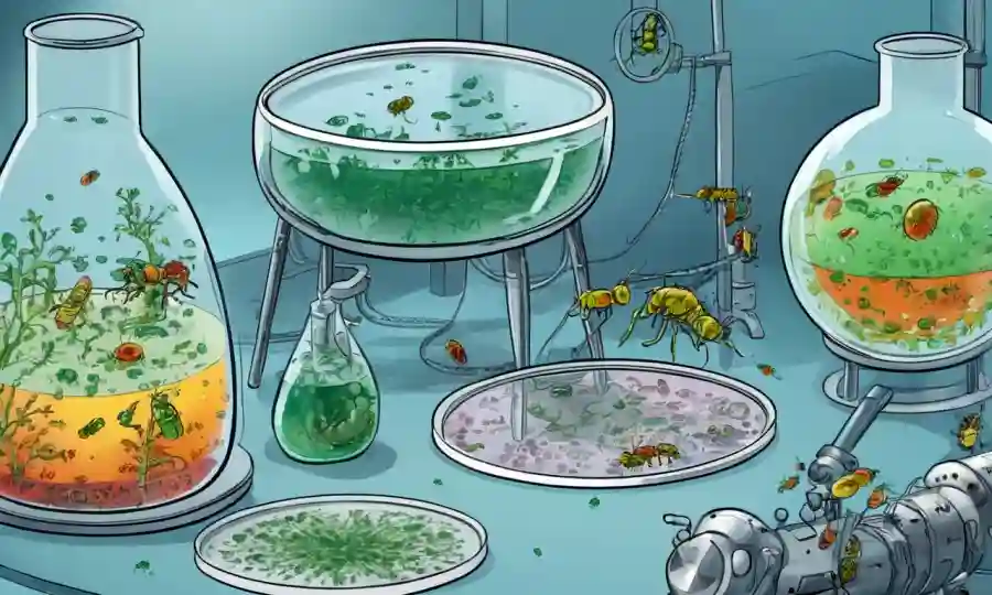 Microbios interactuando con pesticidas en platos Petri entre equipos y gráficos científicos.