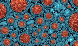 Una imagen de microscopio que muestra células fúngicas reaccionando a sustancias químicas.