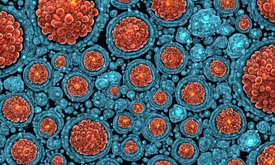 Una imagen de microscopio que muestra células fúngicas reaccionando a sustancias químicas.