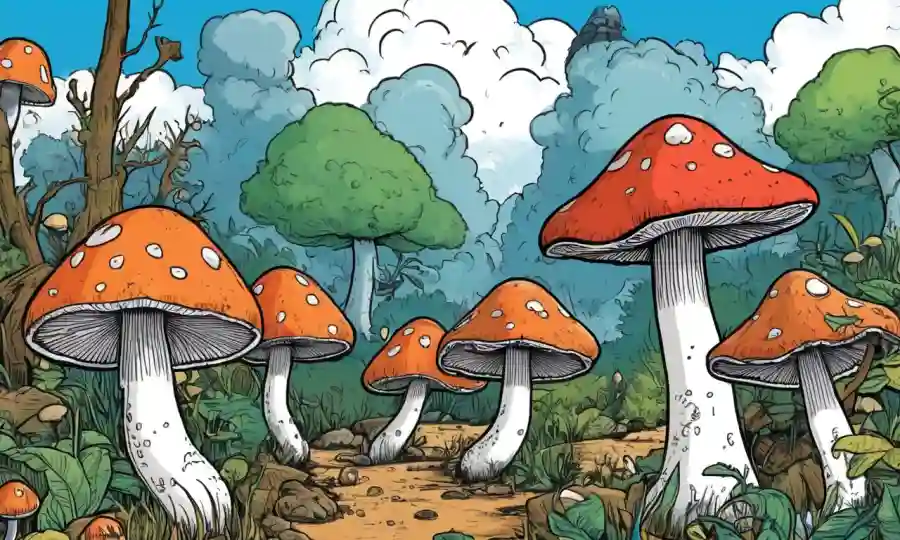 Setas que crecen en diferentes ecosistemas con ilustraciones de efectos del cambio climático.