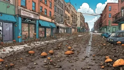 Fungi esparciendo por una calle urbana en medio de la decadencia urbana debido al cambio climático.