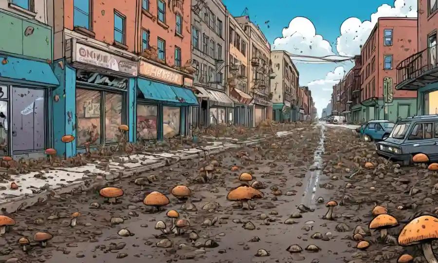 Fungi esparciendo por una calle urbana en medio de la decadencia urbana debido al cambio climático.