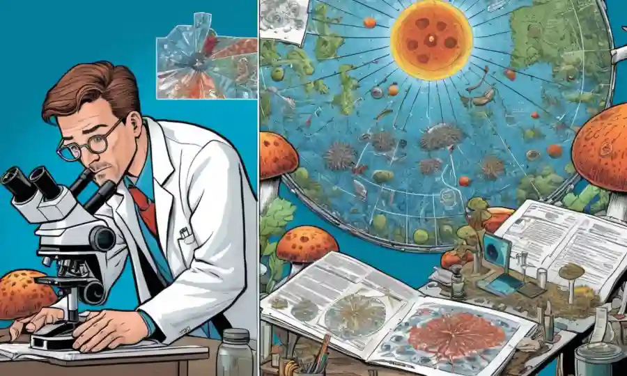 Un científico que examina muestras de hongos bajo microscopio, rodeado de gráficos y diagramas del cambio climático.