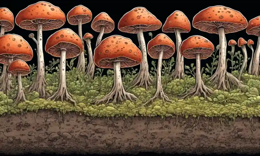 Imagen microscópica destacando estructuras fúngicas creciendo en muestras de suelo en diferentes condiciones de pH.