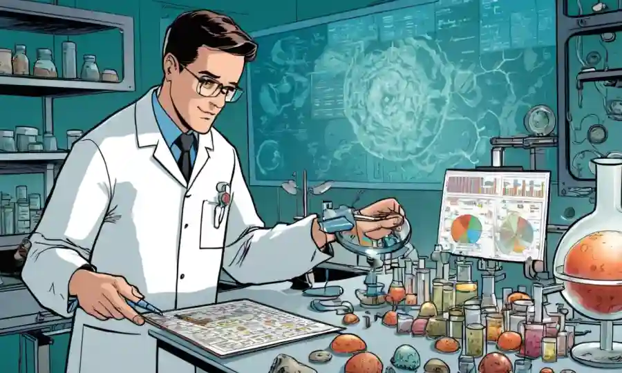 Científico en un laboratorio con una muestra de hongos rodeada de gráficos y equipos.