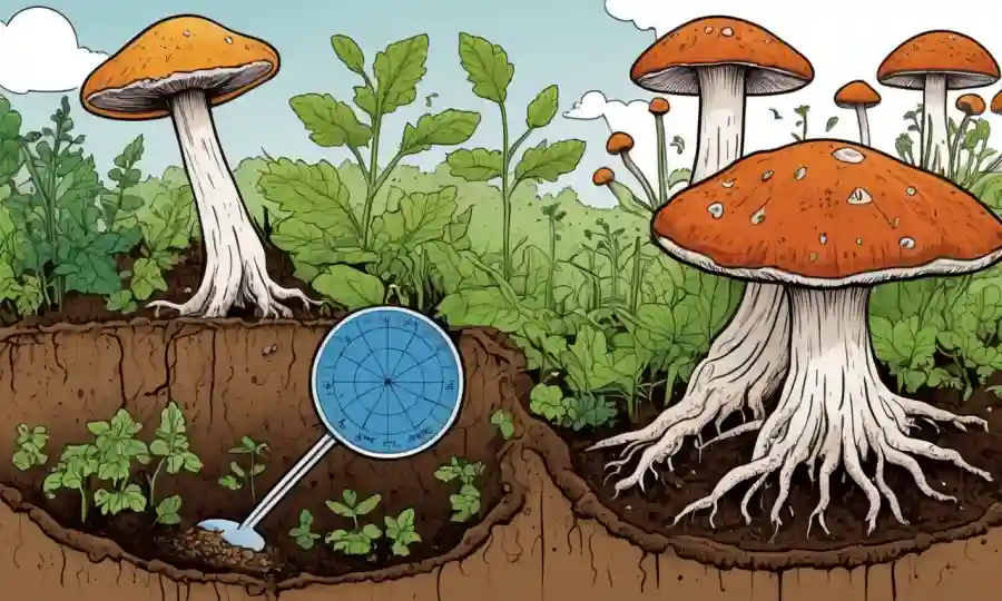 Fungi crece desde el suelo, con gráficos y gráficos que muestran impactos agrícolas y económicos positivos.