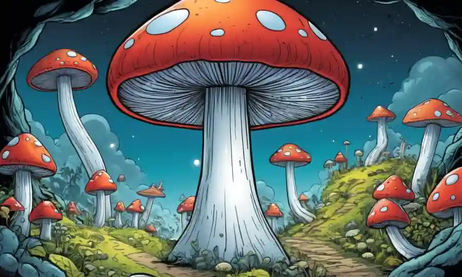 Una mente llena de brillantes burbujas de pensamiento inspirado en hongos rodeadas de conceptos educativos.