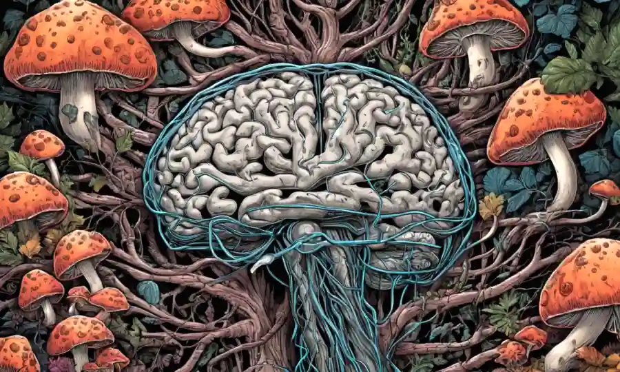 Retrato de cerebro con hongos creciendo dentro, transportando conexiones neuronales.