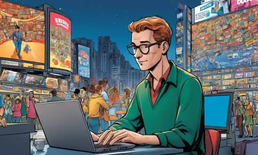 Investigador analizando datos de comportamiento del consumidor en la computadora portátil en medio de carteles y anuncios de productos en el fondo.