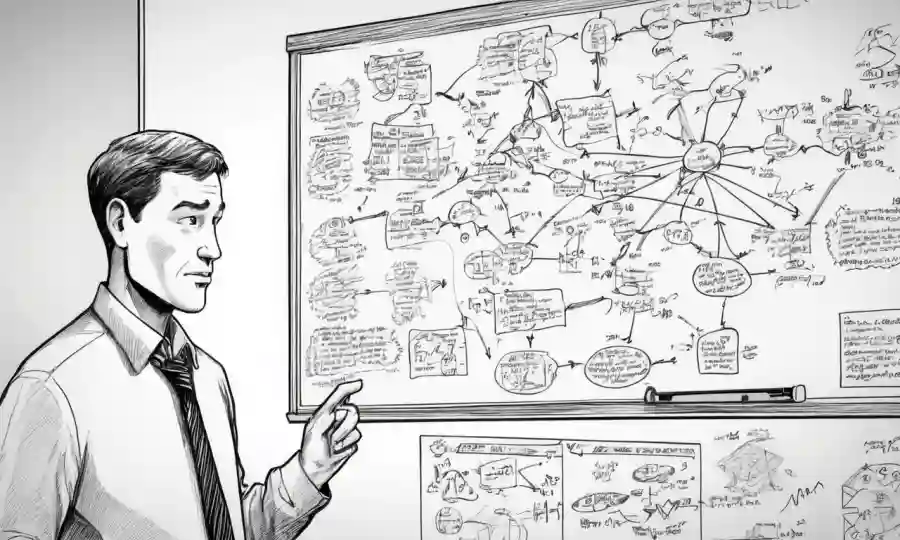 Una persona rodeada de diagramas y ecuaciones en una pizarra, reflexionando sobre estrategias complejas de solución de problemas.