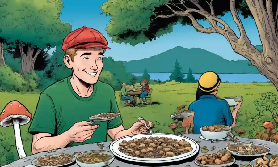 Una persona disfrutando de un plato de hongos fuera con la naturaleza y la gente en el fondo.