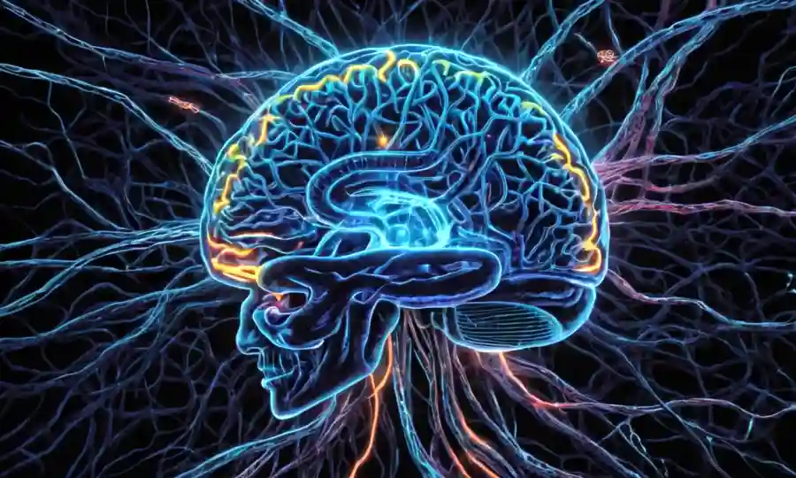 Glowing neural connections and psychedelics-inspired shapes in a human brain illustrate.