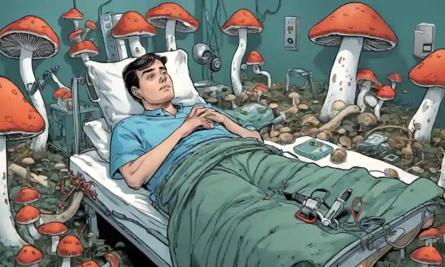 Una persona acostada en una cama rodeada de diversos hongos y equipos médicos con expresiones afectadas.