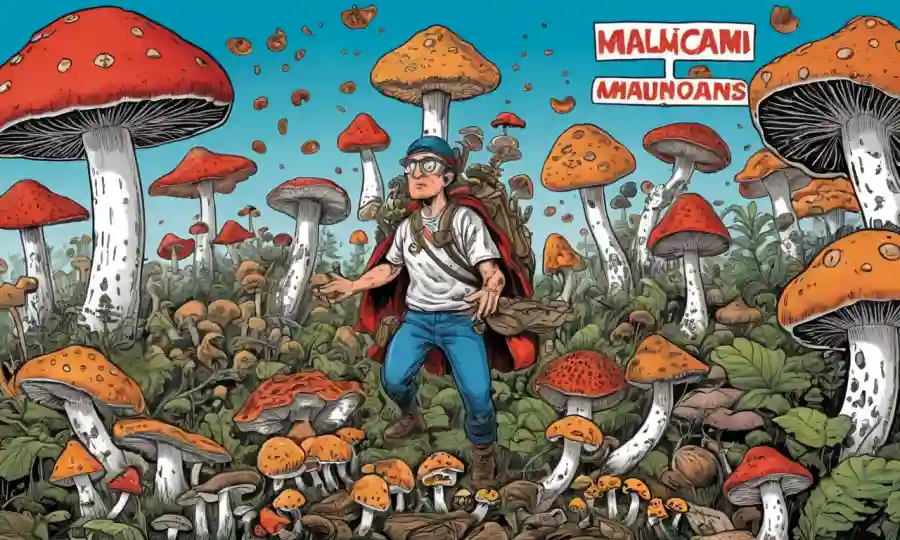 Una persona rodeada de diversos hongos con ilustraciones relacionadas con el cerebro y texto en español.