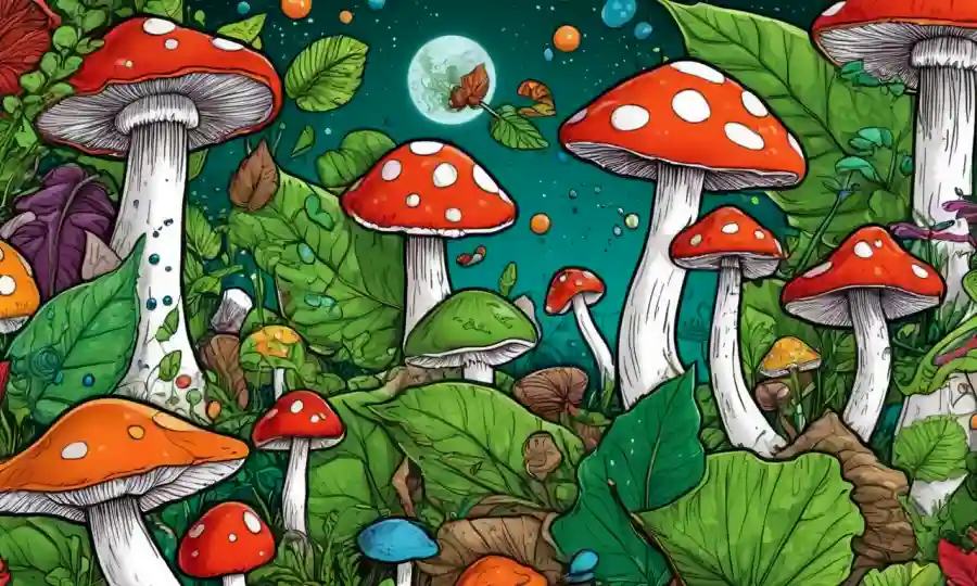 Setas coloridas y hojas verdes rodeadas de gráficos llenos de simbolos científicos.