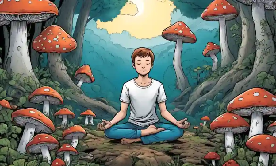Una persona que medita entre los hongos en la naturaleza, transmitiendo el bienestar emocional y la salud.
