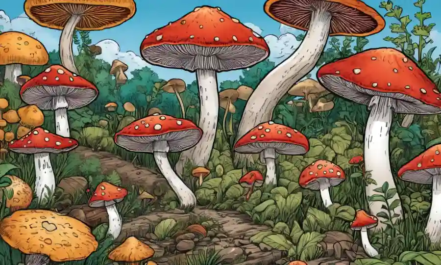 Setas rodeadas de nutrientes beneficiosos e ilustraciones de sus efectos.