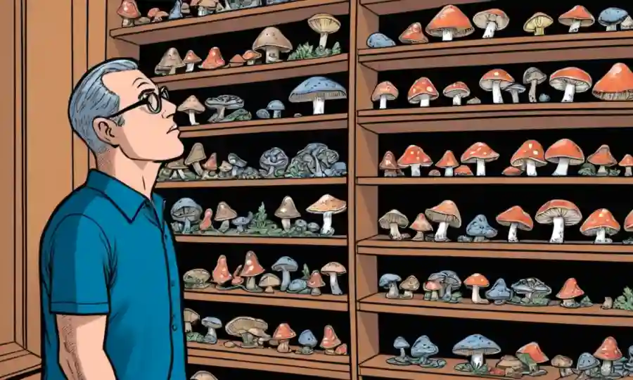 Una persona reflexionando frente a un estante lleno de librerías o decoraciones en forma de hongos.