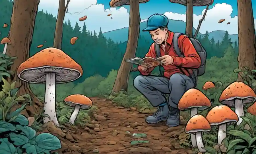 Persona manejando hongos en un entorno natural con visuales variadas.