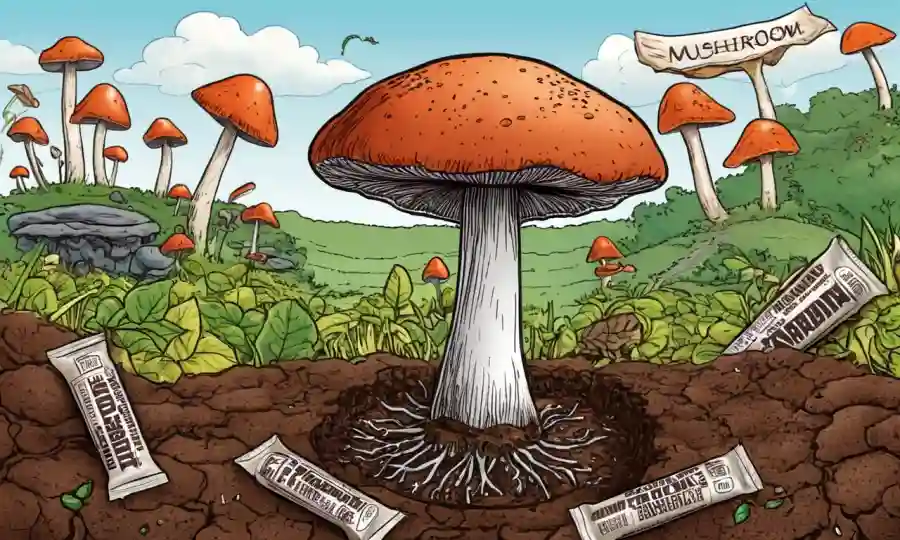 Un hongo creciendo desde la tierra, rodeado de barras nutricionales y texto con datos beneficios/efectos.