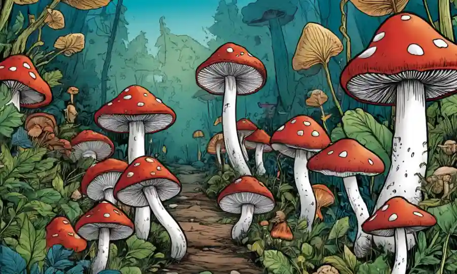 Una cubierta de libro que muestra hongos y destaca sus propiedades medicinales tanto para efectos positivos como negativos.