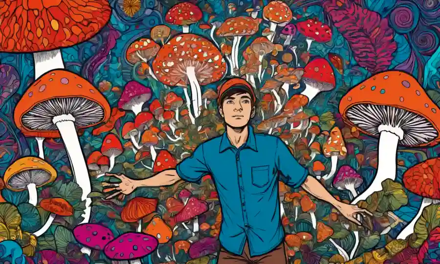 Una persona rodeada de setas psicodélicas con colores giratorios y patrones abstractos.