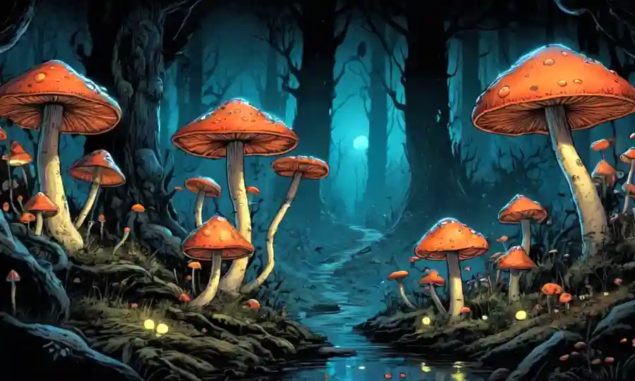 Fungi con gorros brillantes y ambientes extraños en movimiento.