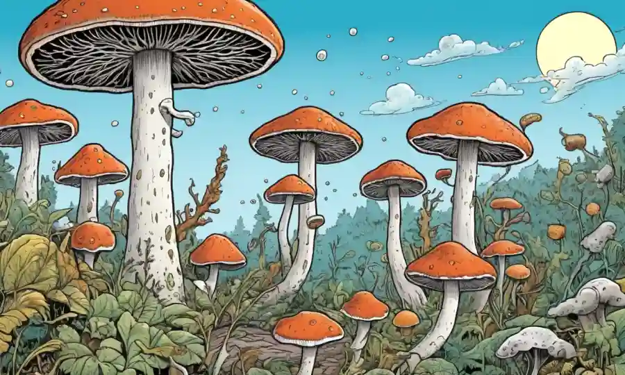 Ilustración del crecimiento de hongos y su impacto en la naturaleza y la salud humana.